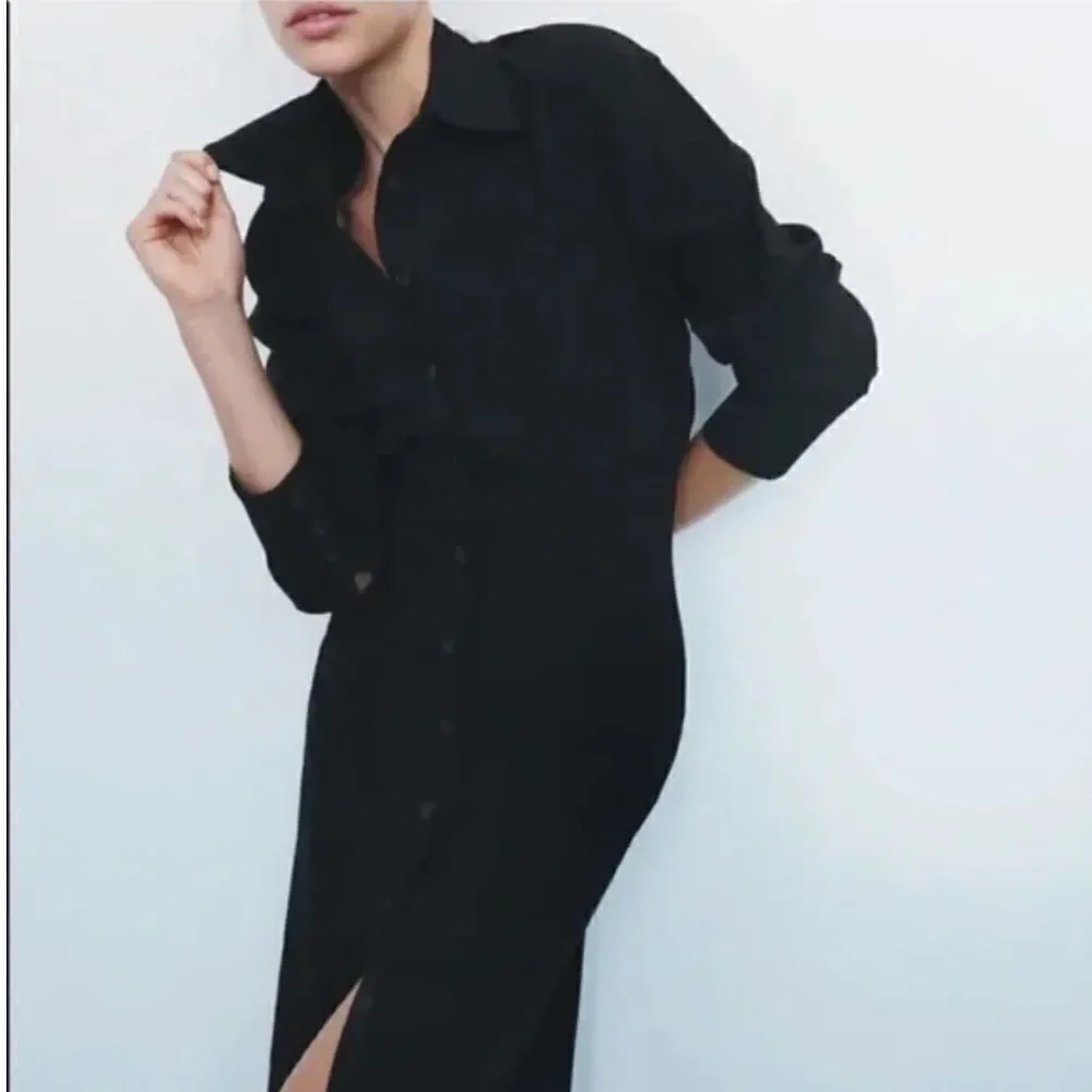 zara black front button up trafaluc dress long sleeves - Picture 2 of 10